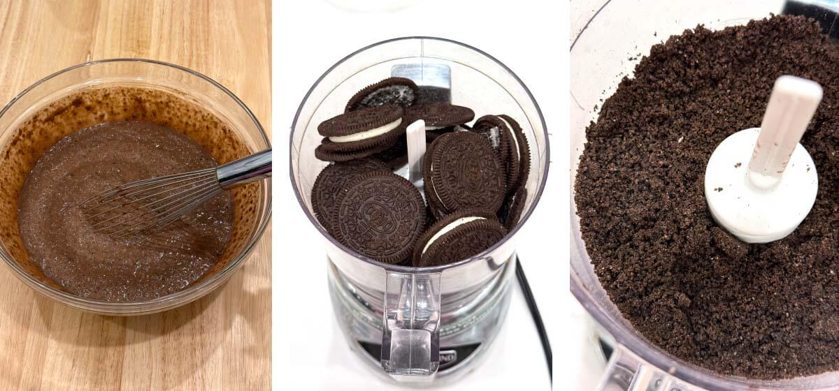 Chocolate pudding being whisked, whole Oreo cookies in a food processor, and finely crushed Oreo cookie crumbs