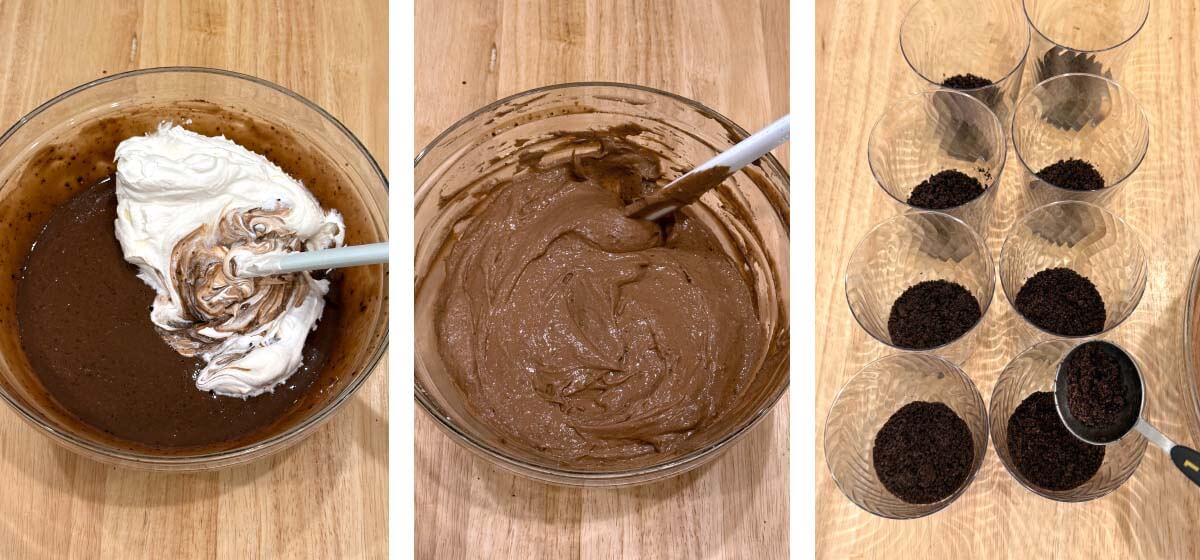 Cool Whip being folded into chocolate pudding, finished creamy pudding mixture, and Oreo crumbs added to dessert cups