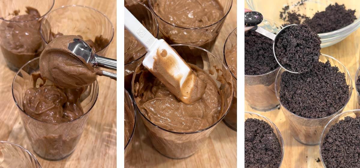 Chocolate pudding spooned into clear dessert cups, smoothed with a spatula, and topped with crushed Oreo cookies