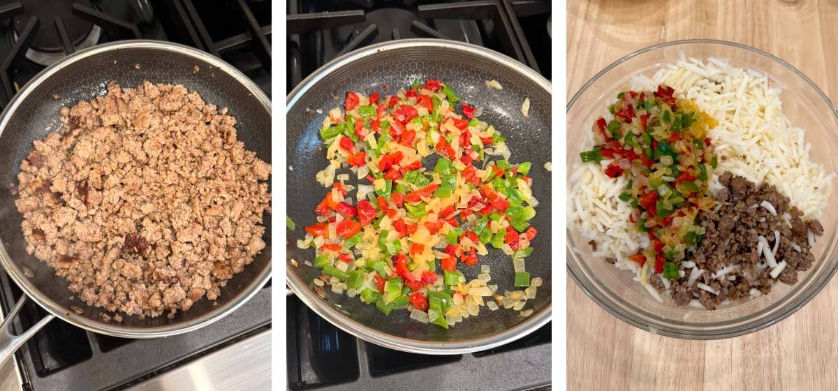 brown sausage, cook onions & peppers, mix together in bowl