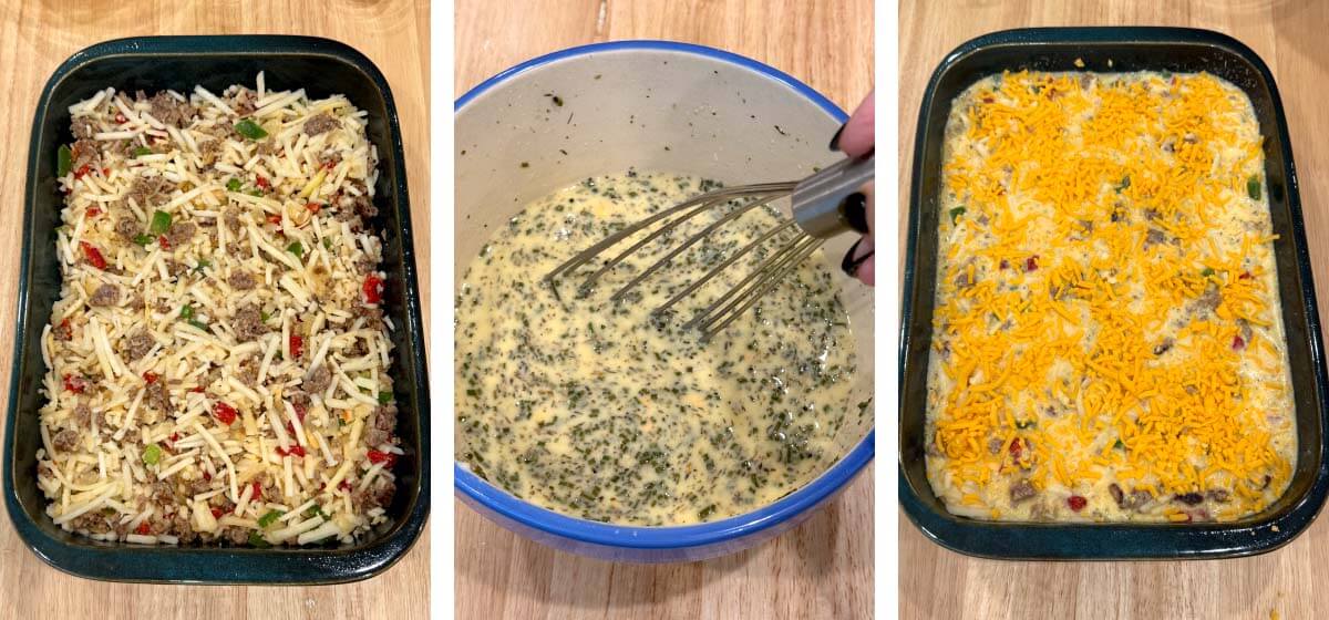 add potatoes, cheese & veggies to pan, whisk egg mixture, pour over, stir gently, top with cheese, bake