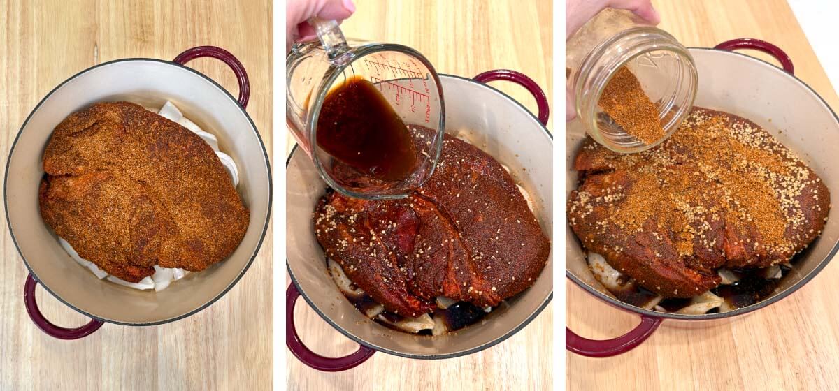 Seasoned chuck roast placed on onions, broth mixture poured over the meat, and reserved spice rub sprinkled on top
