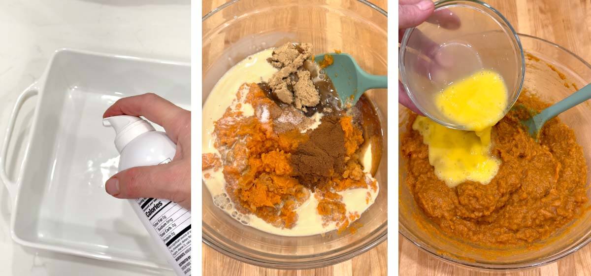 Greasing a baking dish, combining sweet potato filling ingredients, and adding beaten eggs