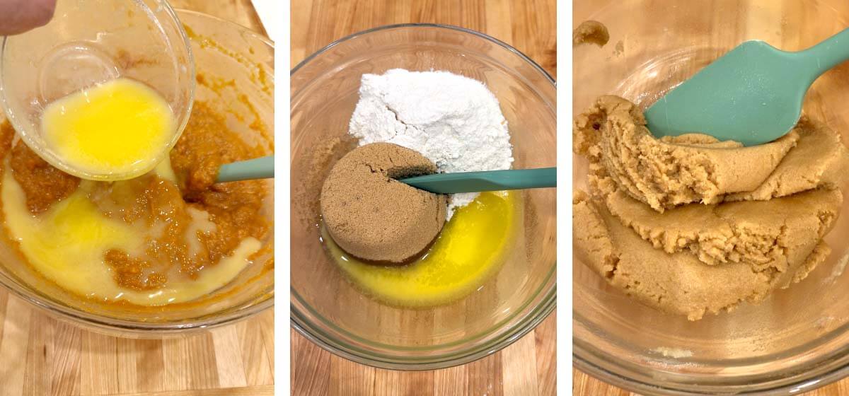 Adding melted butter to the filling and mixing brown sugar, flour, and butter for the topping