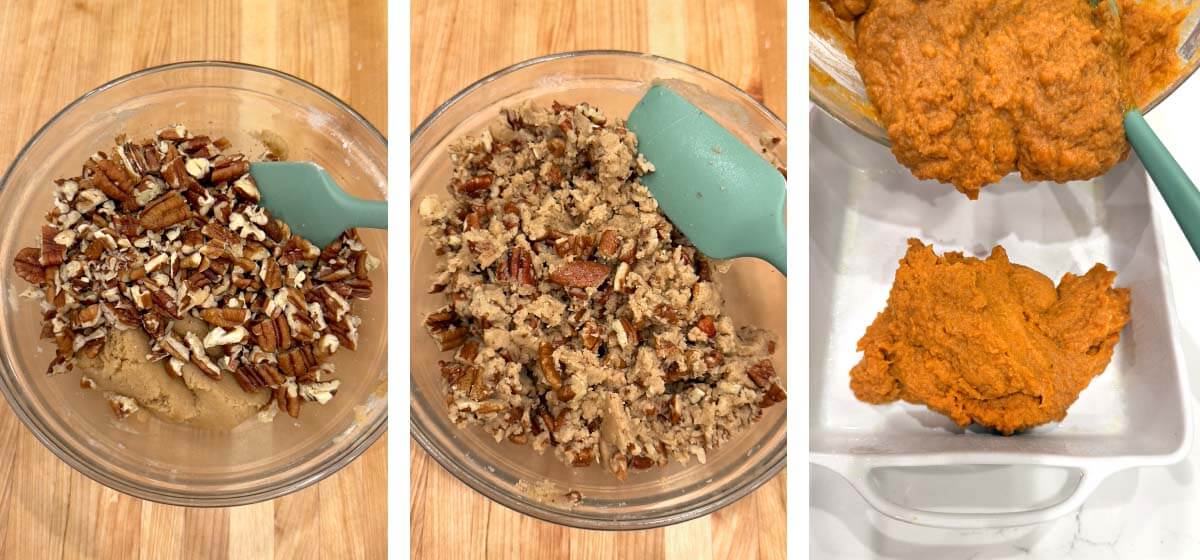 Mixing chopped pecans into the topping and spooning sweet potato filling into a baking dish