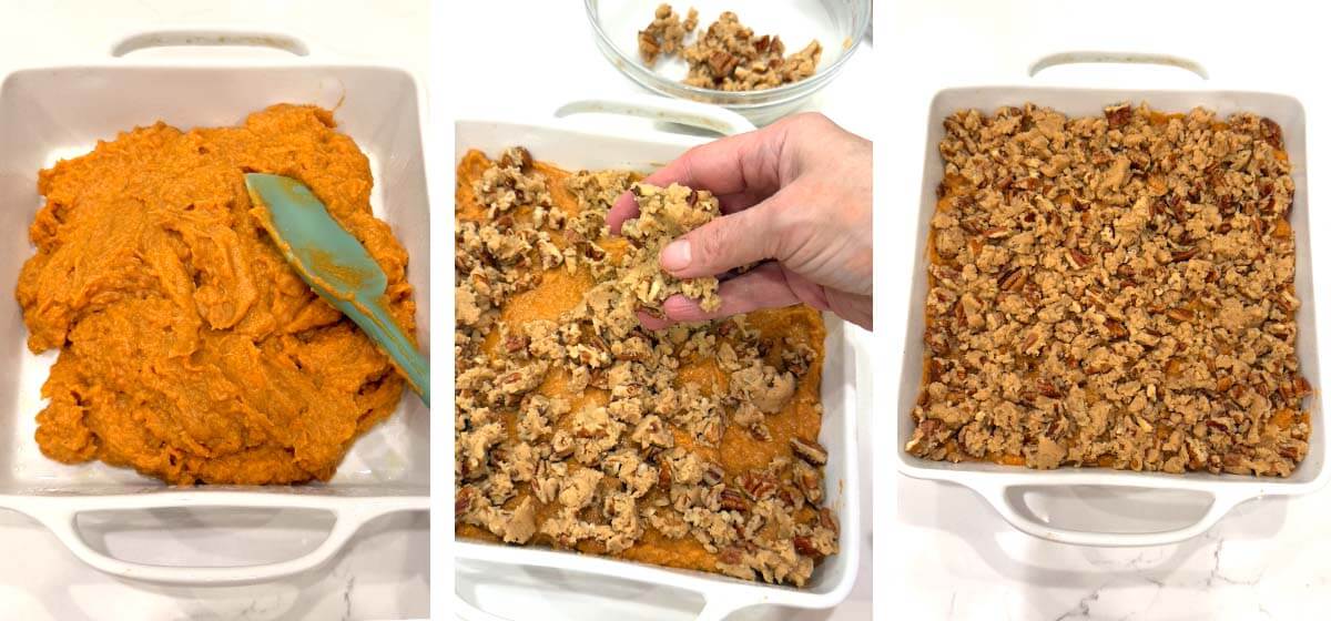 Spreading sweet potato filling and crumbling pecan topping over it before baking