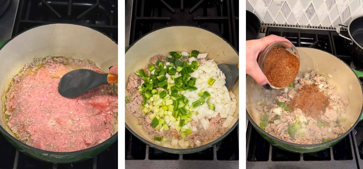 brown meat, add veggies, add spices