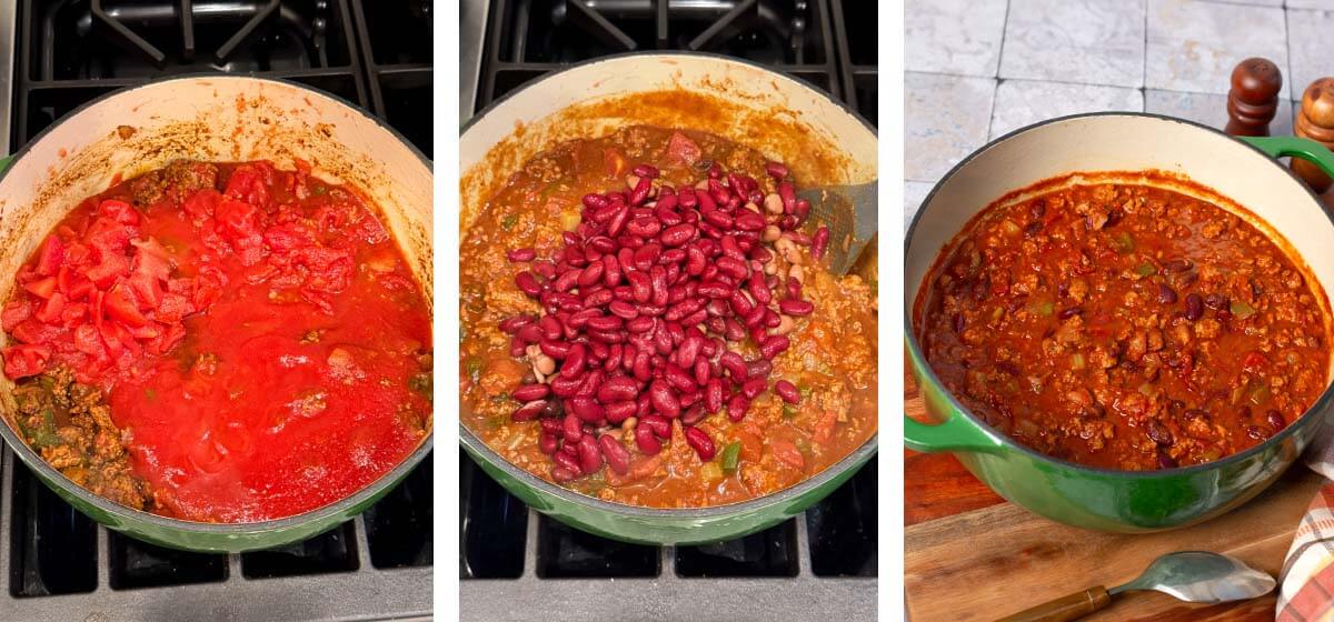 add tomatoes, add beans, simmer